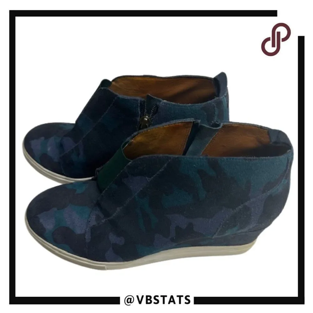 Linea Paola Wedge Shoes size 7.5 Blues and Black Camo Design‎